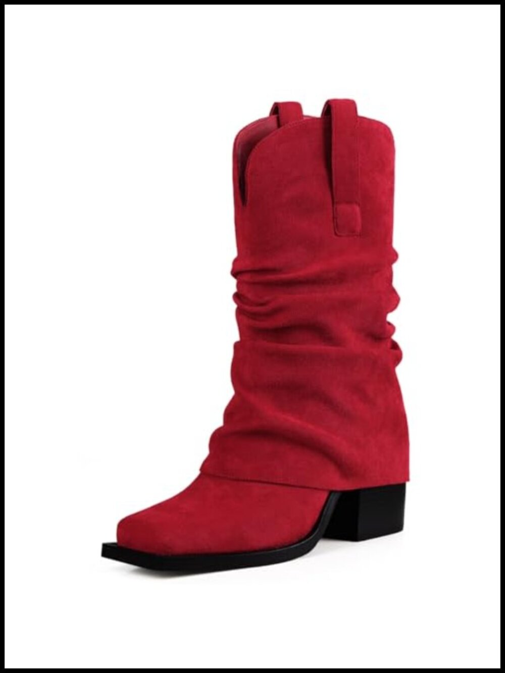 Suede Cowboy Boots Women Mid Calf Square Toe Fold Over Chunky Heel Slouchy